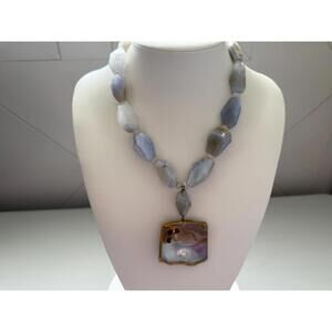 Blue Lace Agate Necklace. Shell Pendant Necklace Nucleated Pearl.